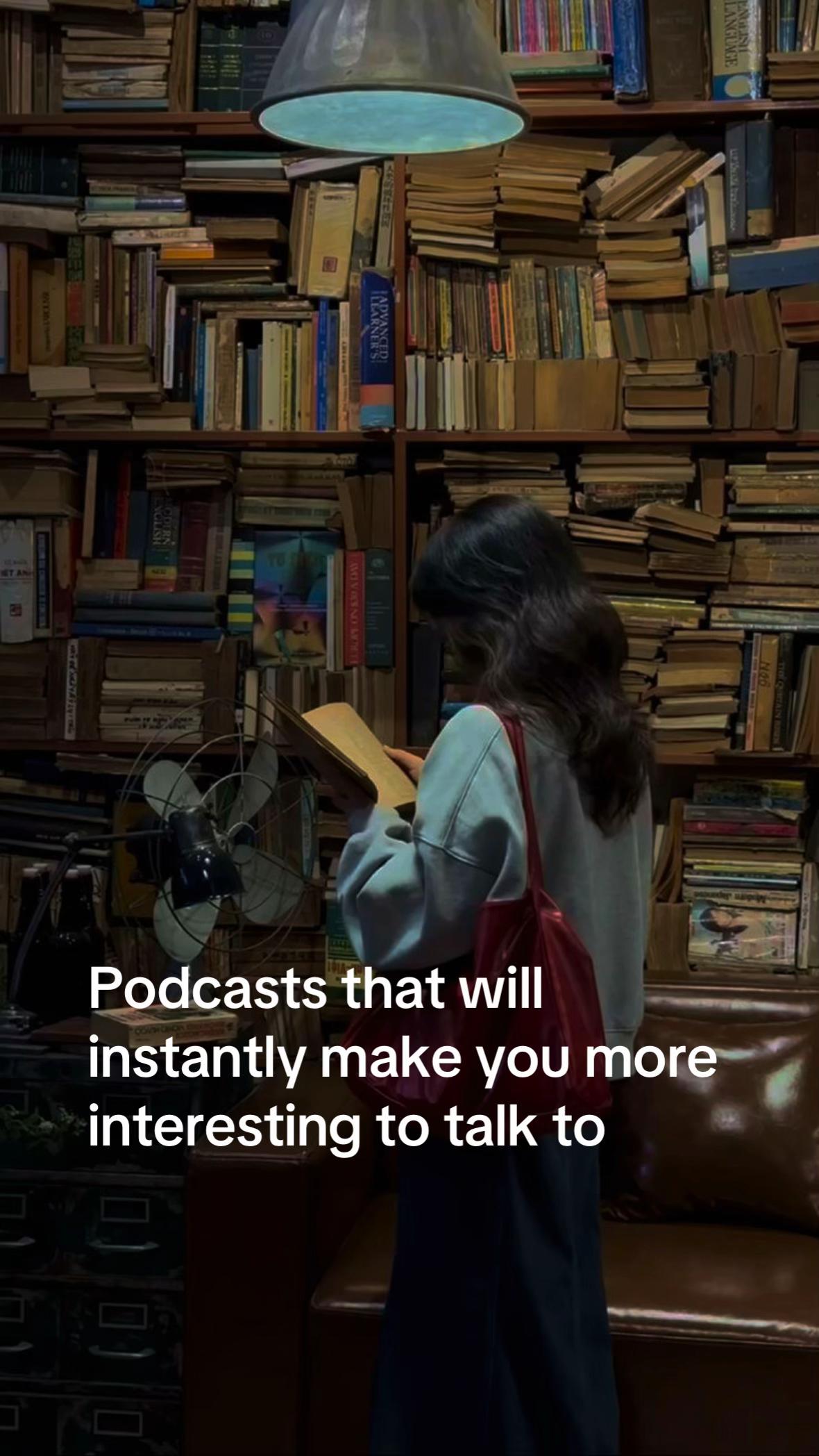 A reader in a bookshop. The opening slide promises podcasts that make conversations more interesting.